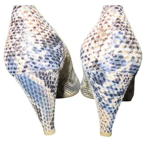 Crown Vintage Natural & Blue Python Embossed Leather Peep toe pumps size 8.5 - Picture 3 of 12